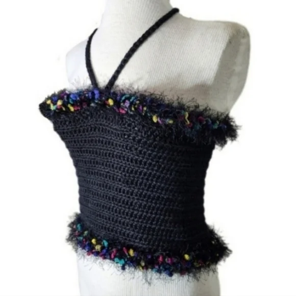 HANDCRAFTED Top Corsetted Cropped Crochet Black Size M - Picture 7 of 13